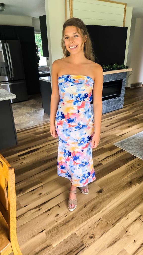 summer strapless floral midi dress