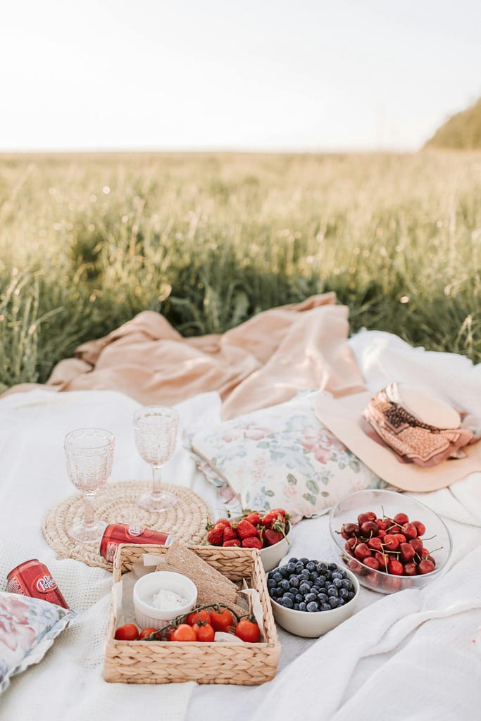 A serene summer picnic setup with fresh fruits and a blanket in a lush green field. June Marraige Challenge Prompts